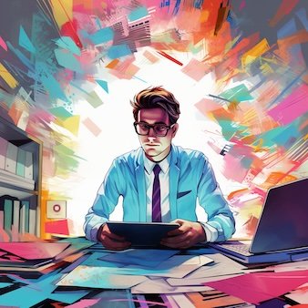 Illustration of one business person looking over documents in his empty office, in the style of colorful compositions, illustrated advertisements, fluid dynamic brushwork, multiple screens, site - specific, sparse and simple, soft outlines